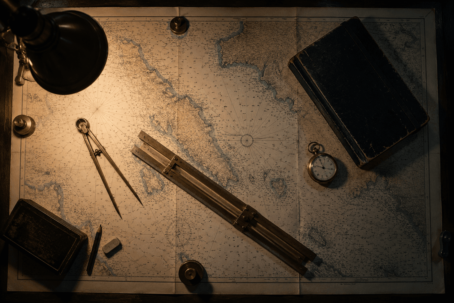Chart table with dividers, parallel rule and logbook